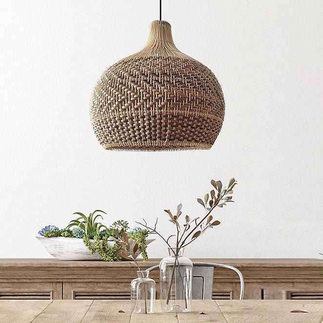 LED Rattan Stripe Metal Pendant Light