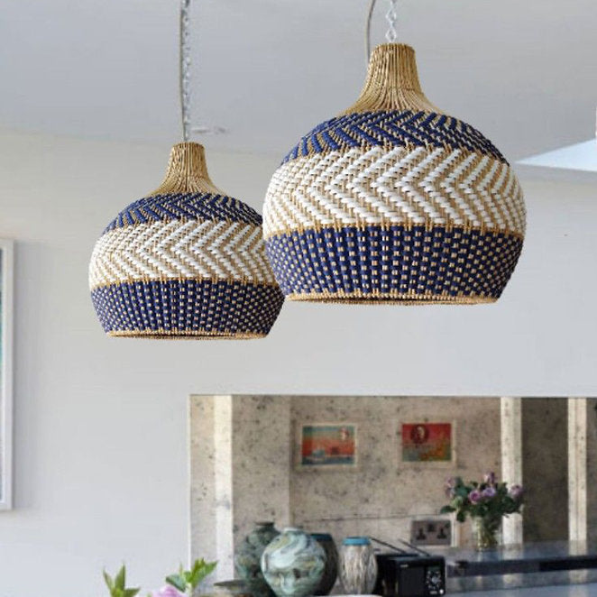 LED Rattan Stripe Metal Pendant Light